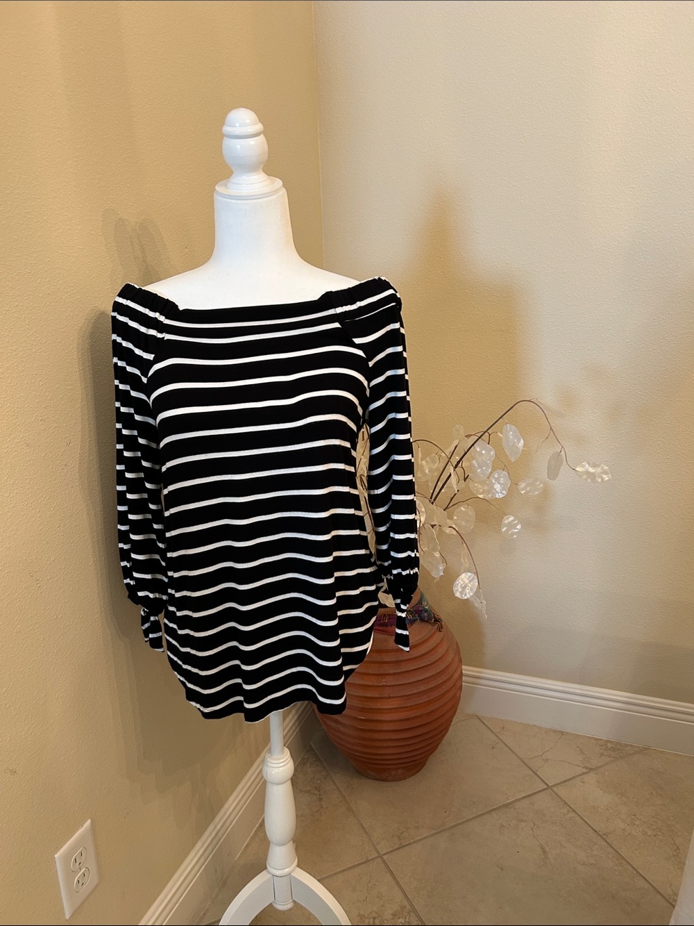 Spense Black & White Striped Off-Shoulder Tunic